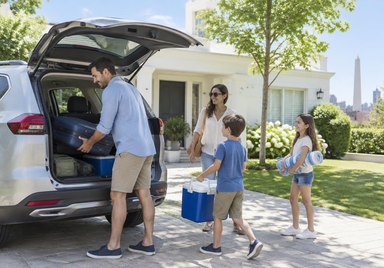 Familia cargando su camioneta frente a su casa